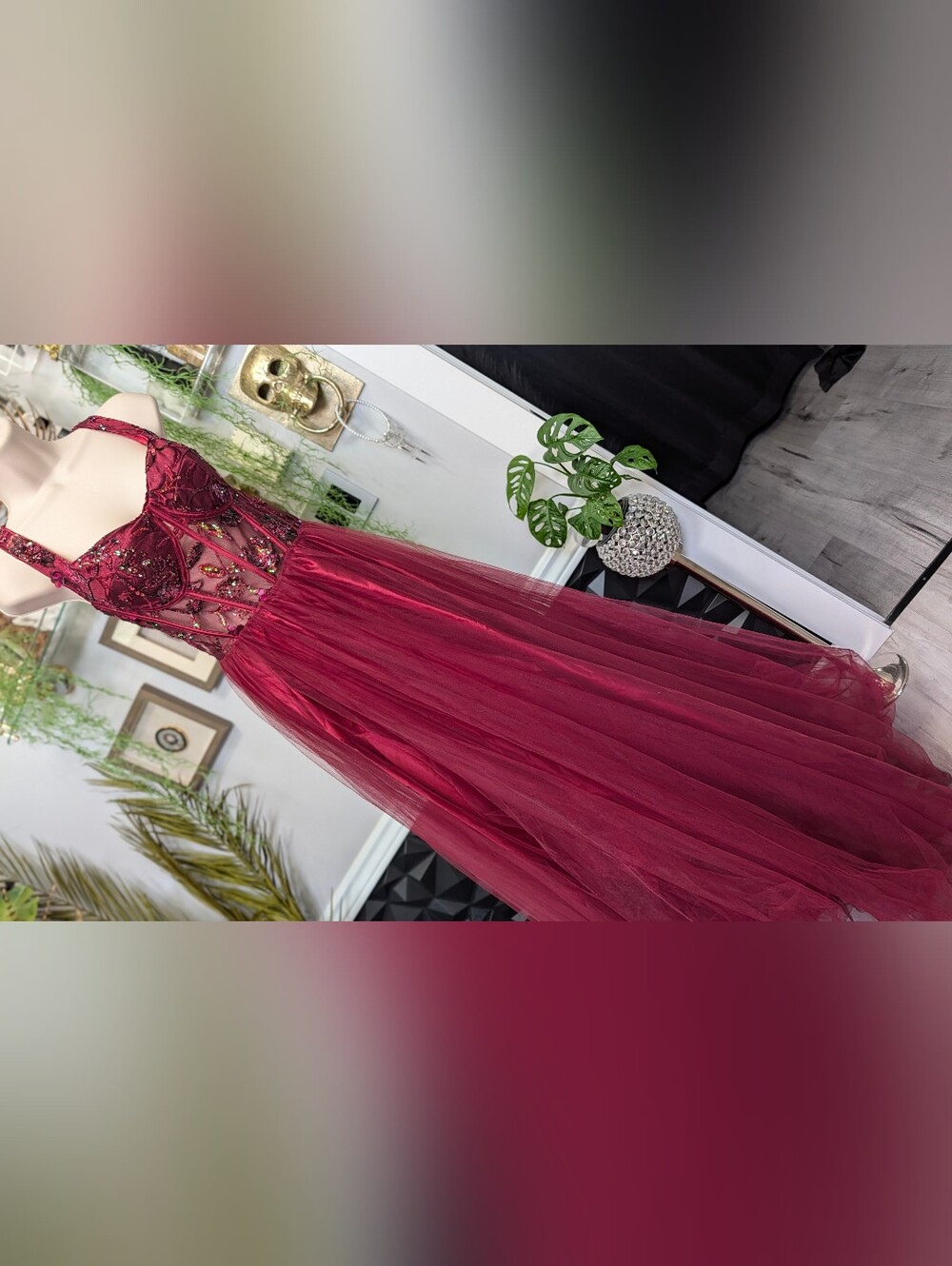 Faeriesty Maroon Metallic Tulle Beaded Bodice Corset Gown Maxi Fairy Dress LG - Picture 2 of 15